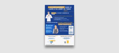 Infographie de formation résumant les étapes du parcours patient dans le cadre du sevrage tabagique en officine : motivation, conseil minimal, évaluation de la dépendance et initiation du traitement.