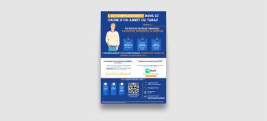 Infographie illustrant le parcours de suivi du patient en sevrage tabagique, incluant l’évaluation des symptômes, l’ajustement des substituts nicotiniques et le soutien motivationnel.