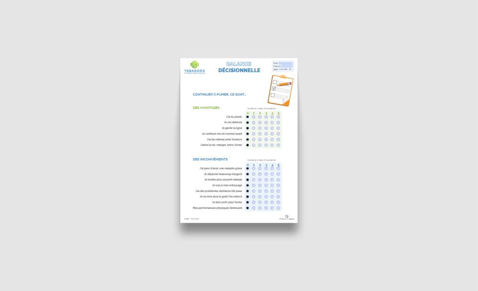 Outil de balance décisionnelle pour accompagner la motivation à l'arrêt du tabac et explorer les freins au changement.